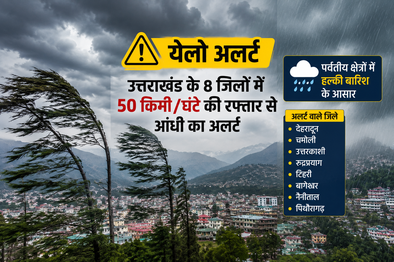 उत्तराखंड के 8 जिलों में 50 किमी/घंटे की रफ्तार से आंधी का ‘येलो अलर्ट’, पर्वतीय क्षेत्रों में हल्की बारिश के आसार